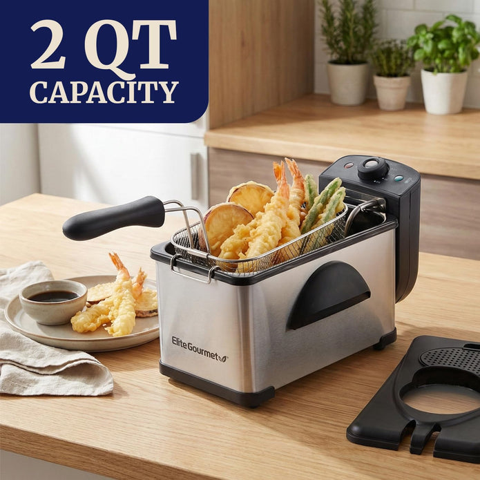 Elite Gourmet 2Qt Electric Immersion Deep Fryer, Removable Basket, Adjustable Temp-EDF2100