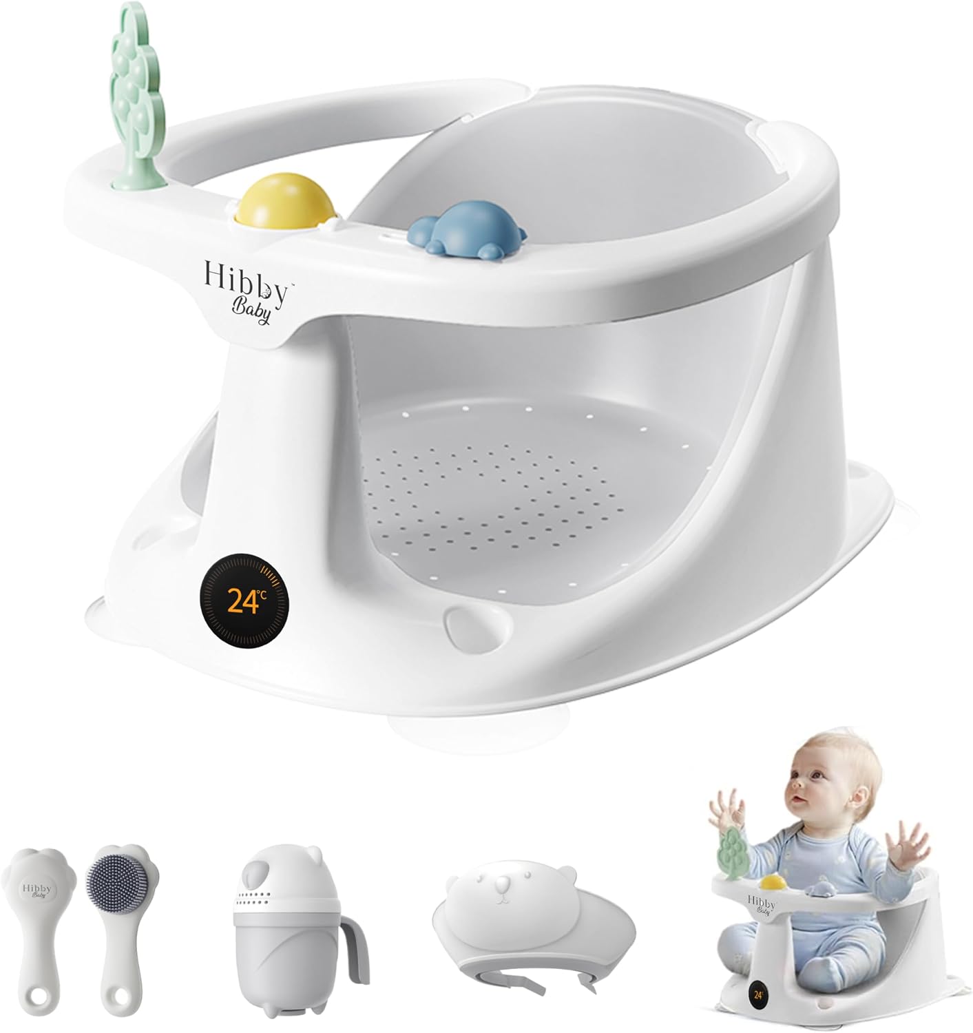 Hibby Baby Bath Seat Integrated Thermometer, Silicone Hair Brush, Rinse Cup, Bath Cap, Toys- Sit-up Safe Bathing- Gray