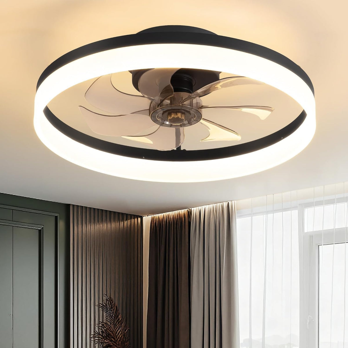 DEMO  PUSU Ceiling Fan with Lights and Remote, 19.7'' Low Profile Ceiling Fans, 6-Speed Reversible Bladeless Fan, 2700K–6500K Dimmable Fan ,BLACK