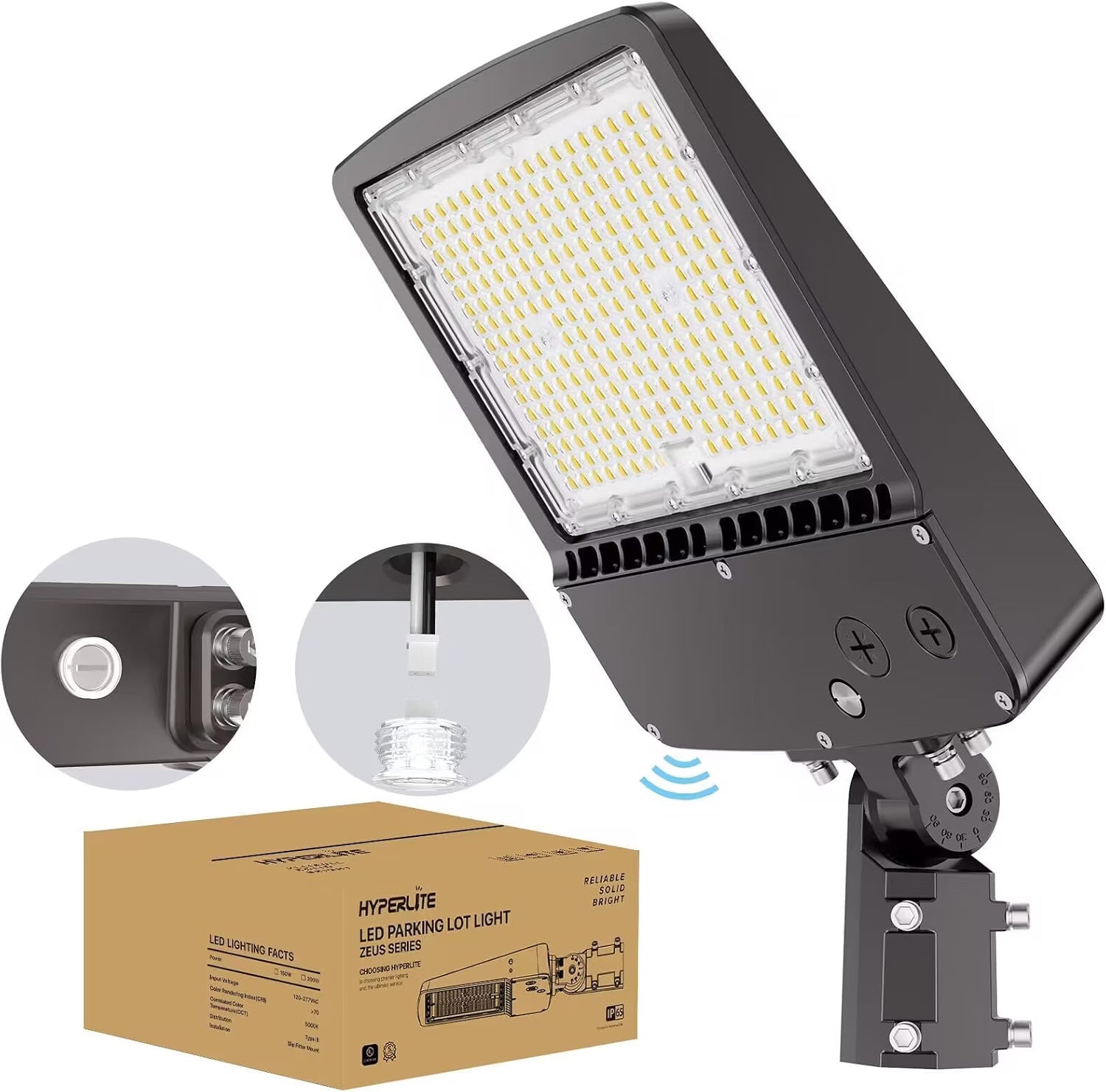 Hyperlite LED Parking Lot Light - Zeus Series, 22500lumens, 5000K, 120-277V, Dusk to Dawn