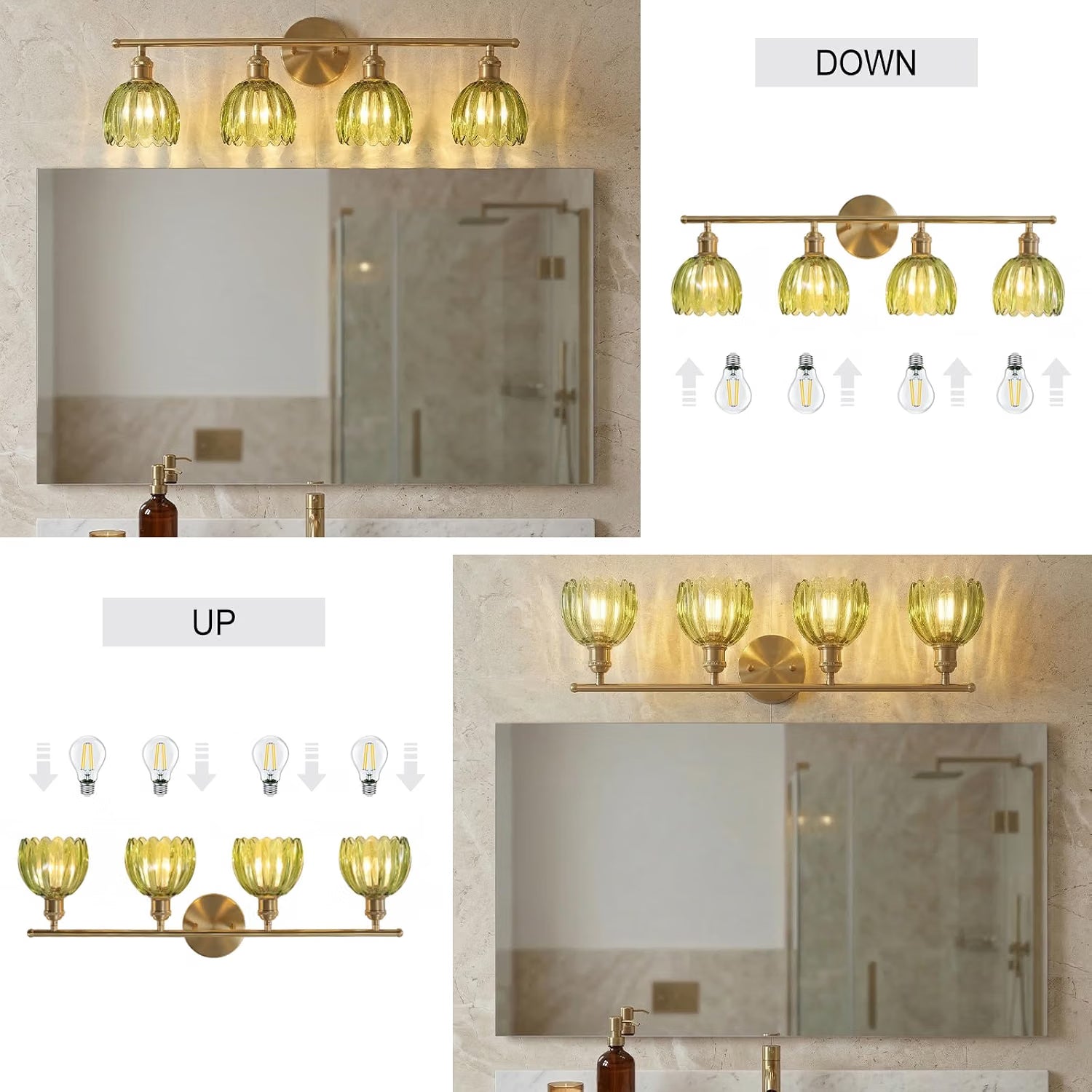 NEW Rnidaipi Light Fixtures, 4-Light  Green Tulip Glass Shade Brass Vanity Wall Light