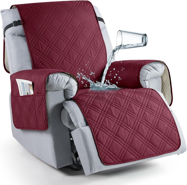 Recliner Chair Cover, Non Slip Recliner Covers for Recliner Chair with Pocket, Washable Reclining Chair Cover- Red/Wine