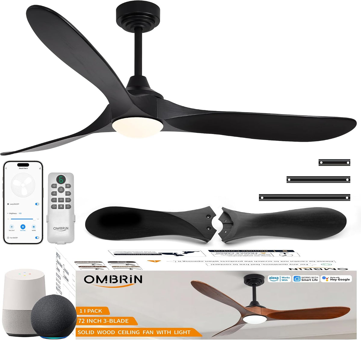 NEW/OPEN BOX  Ombrin 72 inch Outdoor Ceiling Fans with Lights, Smart Wood Large Ceiling Fan-OMB-FY-72-HS-006