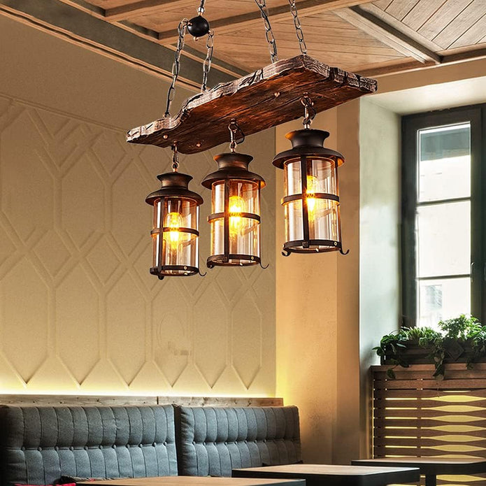 NEW Farmhouse Chandelier - Rustic Wood Beam Pendant Light with Vintage Lantern Design, 3-Light