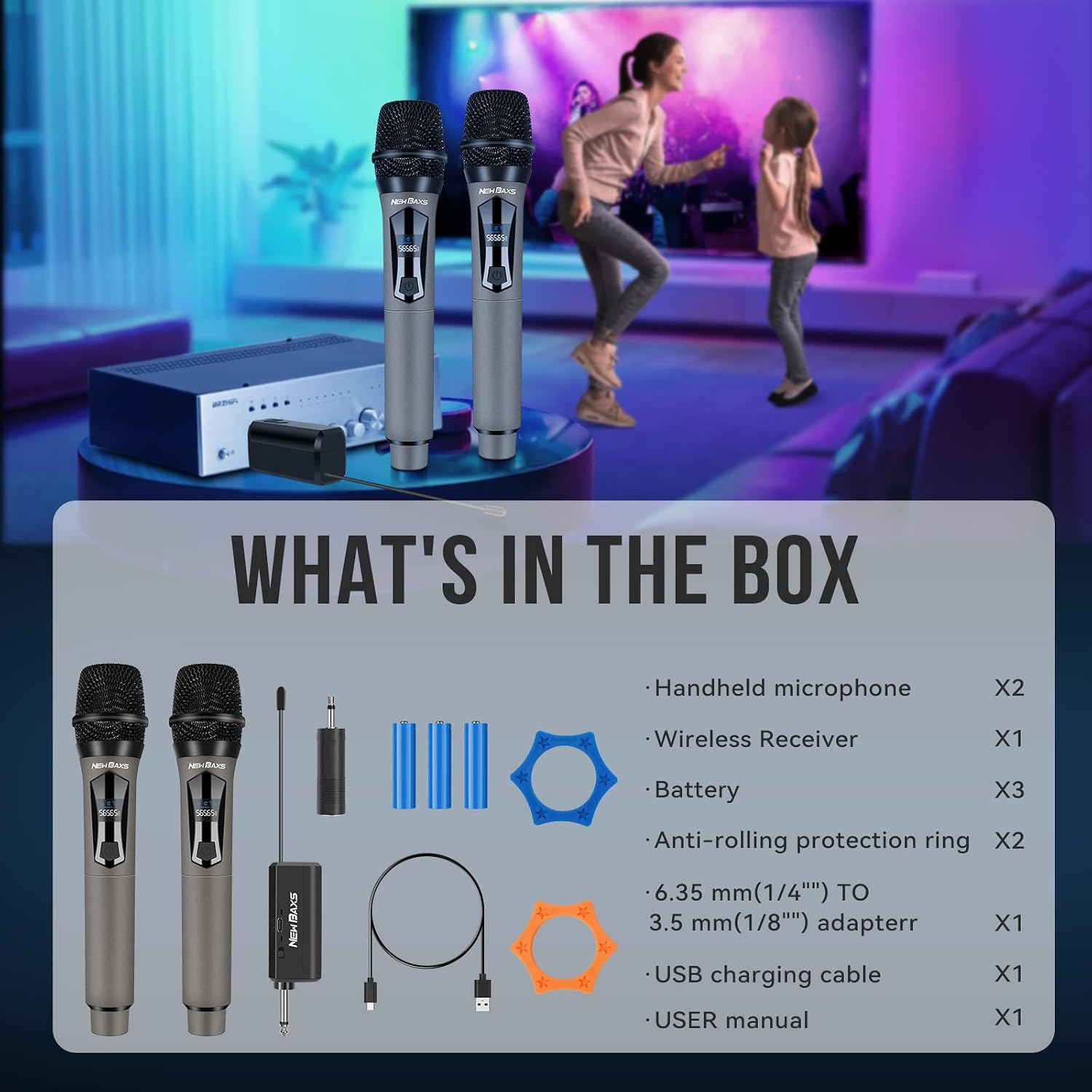 NEWBAXS Wireless Microphones,Dual Karaoke Microphone System Micro Matte Gray