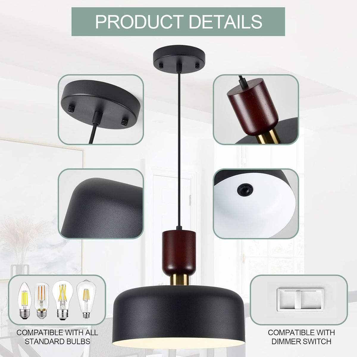 NEW TeHenoo Modern Pendant Lights, Natural Wood and Brass Accent ,Black-2130P