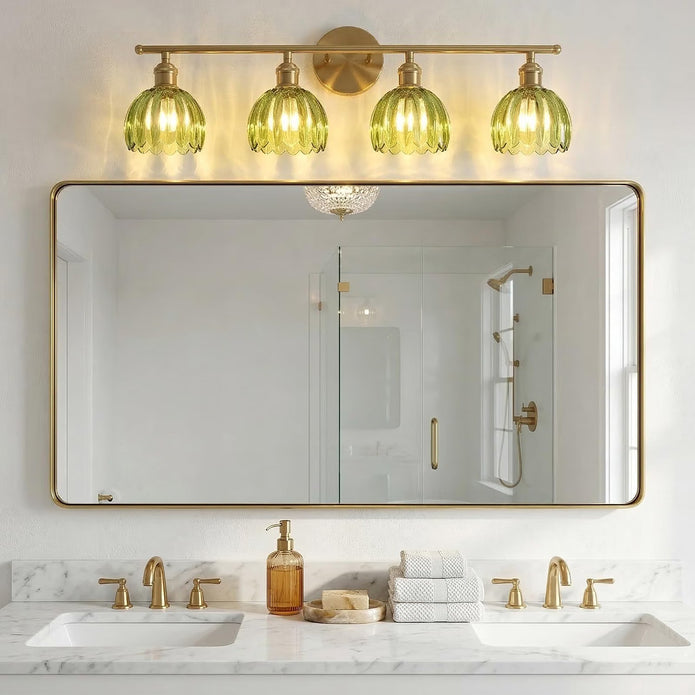 NEW Rnidaipi Light Fixtures, 4-Light  Green Tulip Glass Shade Brass Vanity Wall Light