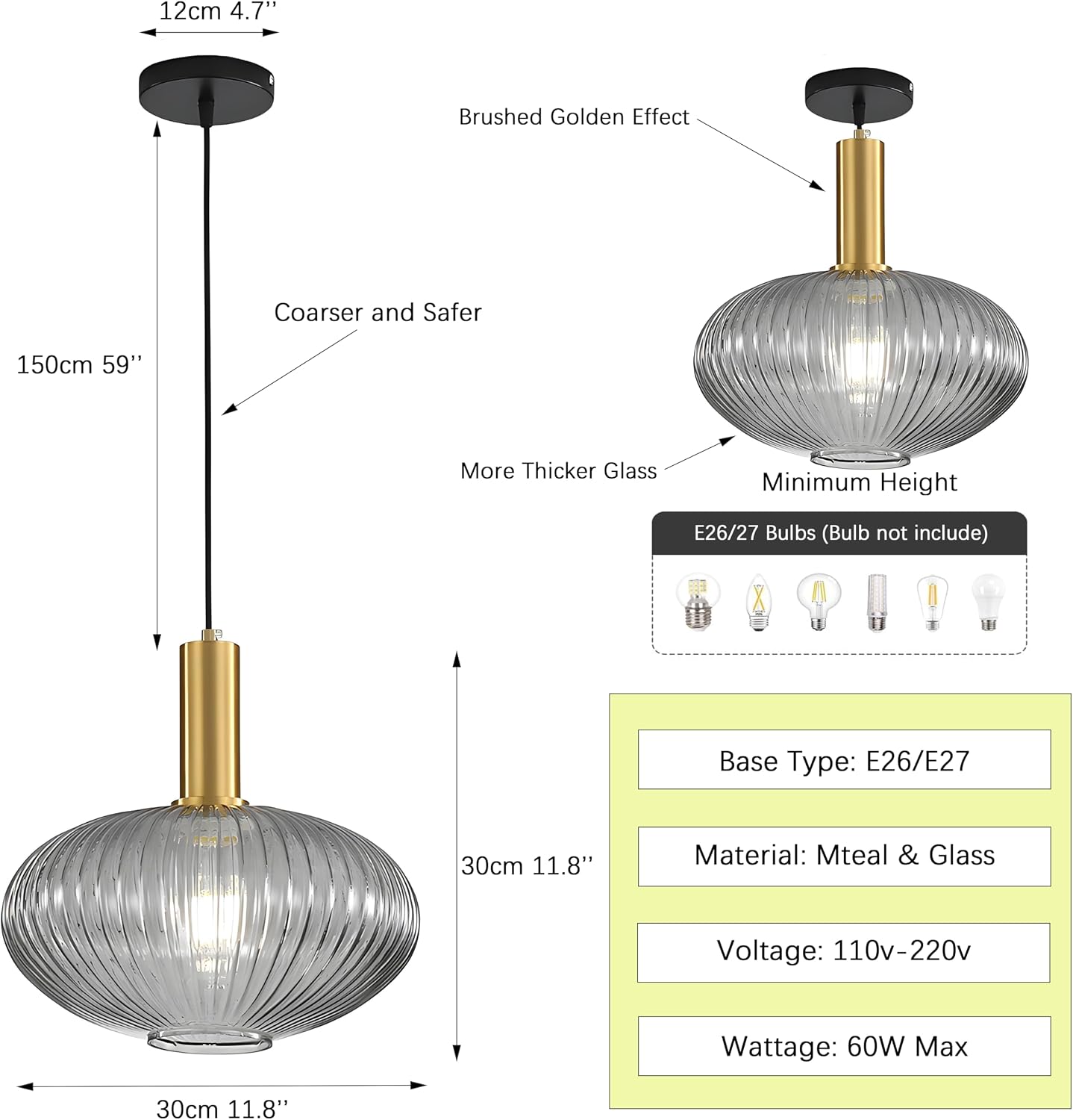 I-xun Pendant Light Fixtures Modern Pendant Lighting for Kitchen Island Farmhouse Striped Glass Pendant Light Shade (11.81'', Grey)