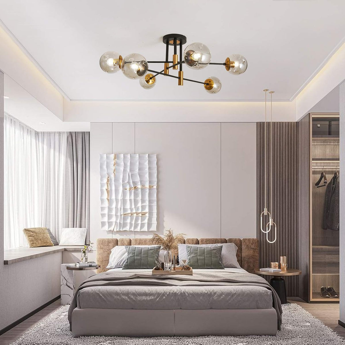 NEW 6-Lights Glass Globe Sputnik Chandelier Modern Flush Mount Ceiling Light ,Black and Gold