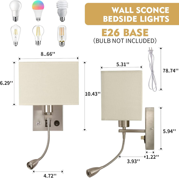 Wall Sconce Plug in Cord Set of 2, Bedside Wall Mount Lights with Dimmable Switch with Reading Lamp USB Ports Brushed Nickel