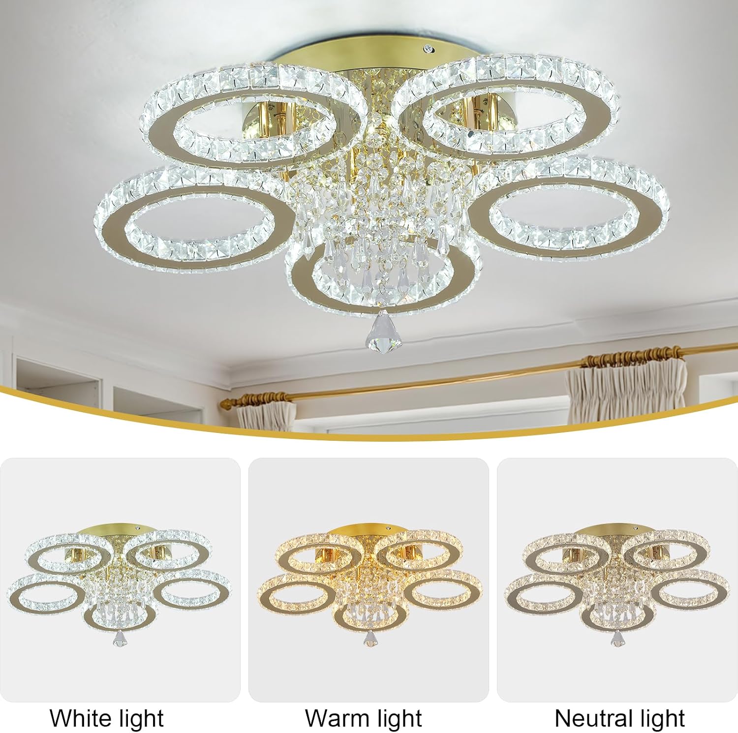 NEW 5-Ring Crystal LED Chandelier Gold Flush Mount Light Dimmable