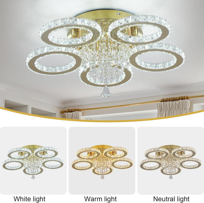 NEW 5-Ring Crystal LED Chandelier Gold Flush Mount Light Dimmable