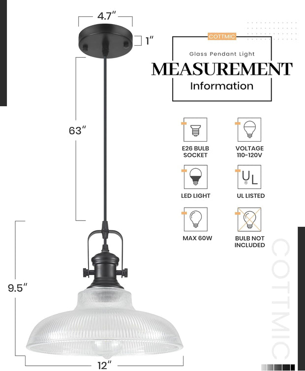 NEW/OPEN BOX  COTTMIC Black Glass Pendant  12in Lights Kitchen Island, Ribbed Glass Pendant ,3 Pack