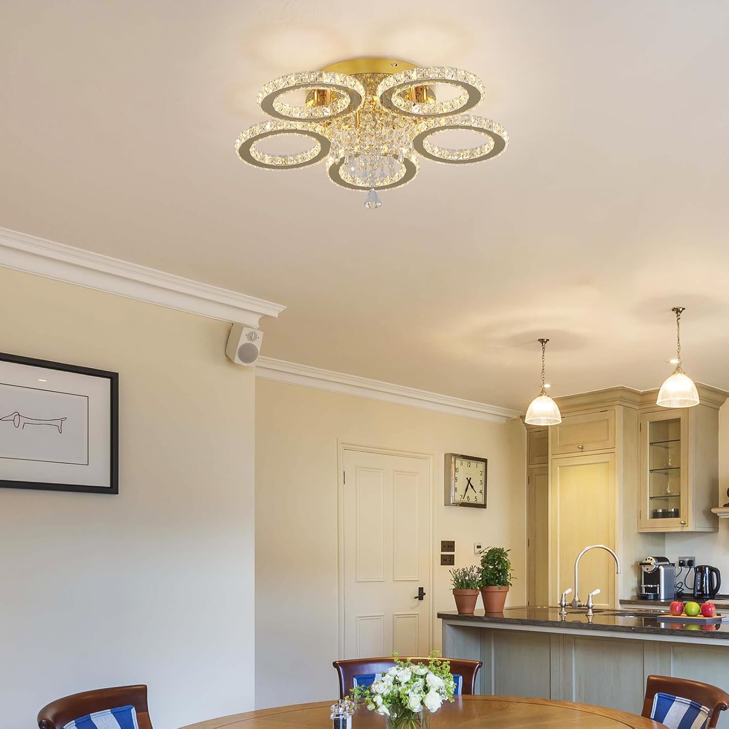 NEW 5-Ring Crystal LED Chandelier Gold Flush Mount Light Dimmable