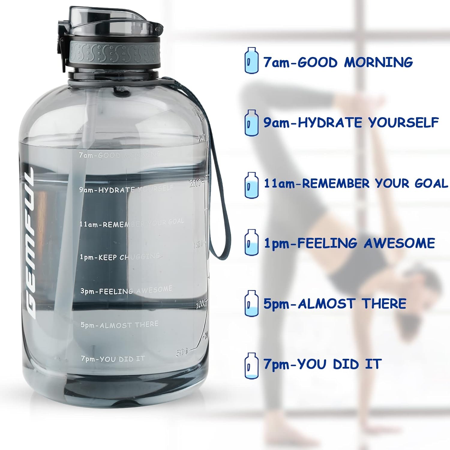 GEMFUL 3 Liter Water Bottles with Handle Motivational Times to Drink Leakproof Wide Mouth Big Sports Jugs