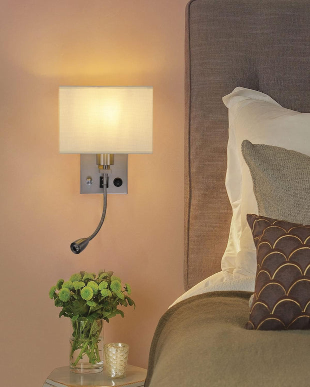 Wall Sconce Plug in Cord Set of 2, Bedside Wall Mount Lights with Dimmable Switch with Reading Lamp USB Ports Brushed Nickel