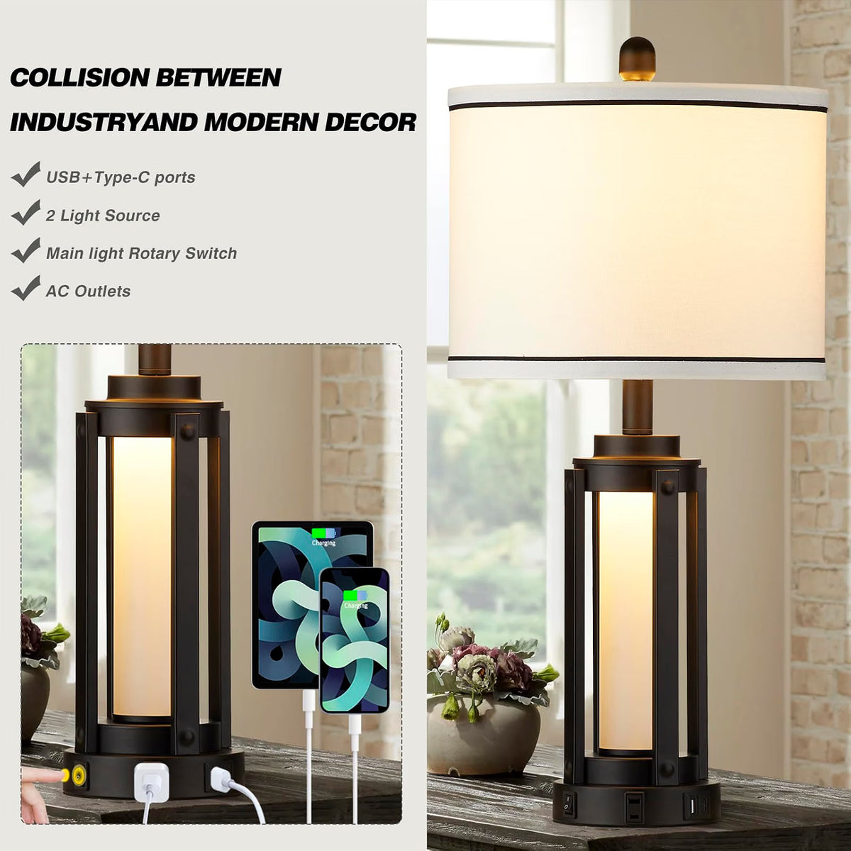 NEW/OPEN BOX Modern Table Lamps Set of 2, TD-LO-152 with USB A+C Charging Ports