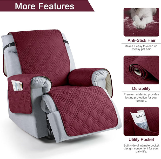 Recliner Chair Cover, Non Slip Recliner Covers for Recliner Chair with Pocket, Washable Reclining Chair Cover- Red/Wine