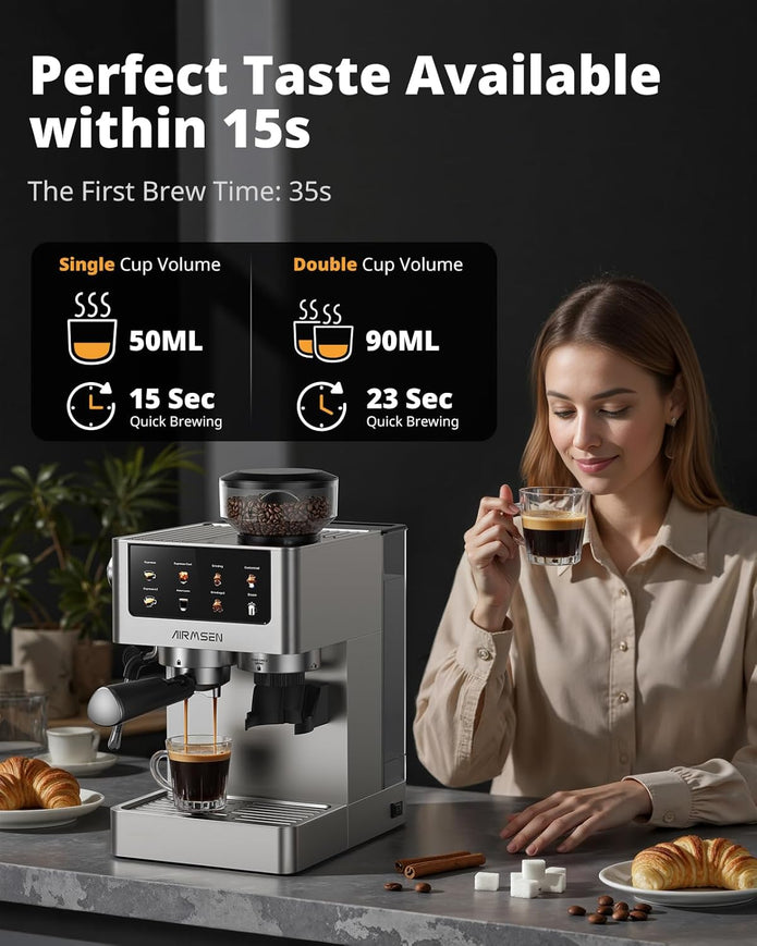LIKE NEW/ DEMO AIRMSEN Espresso Machines BCM2316 with Burr Grinder, Stainless Steel Coffee Maker