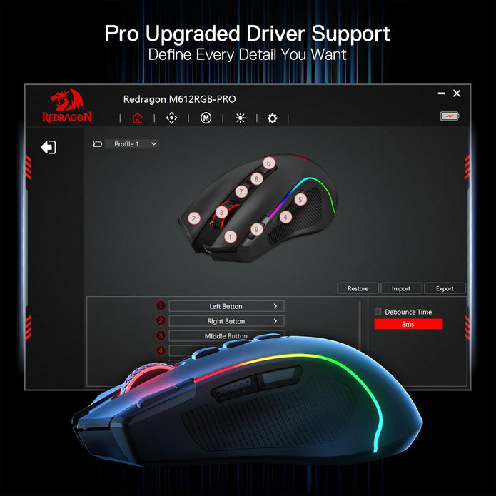 Redragon PREDATOR M612 PRO RGB Gaming Mouse, 8000 DPI Wired/Wireless Optical Mouse,BLACK