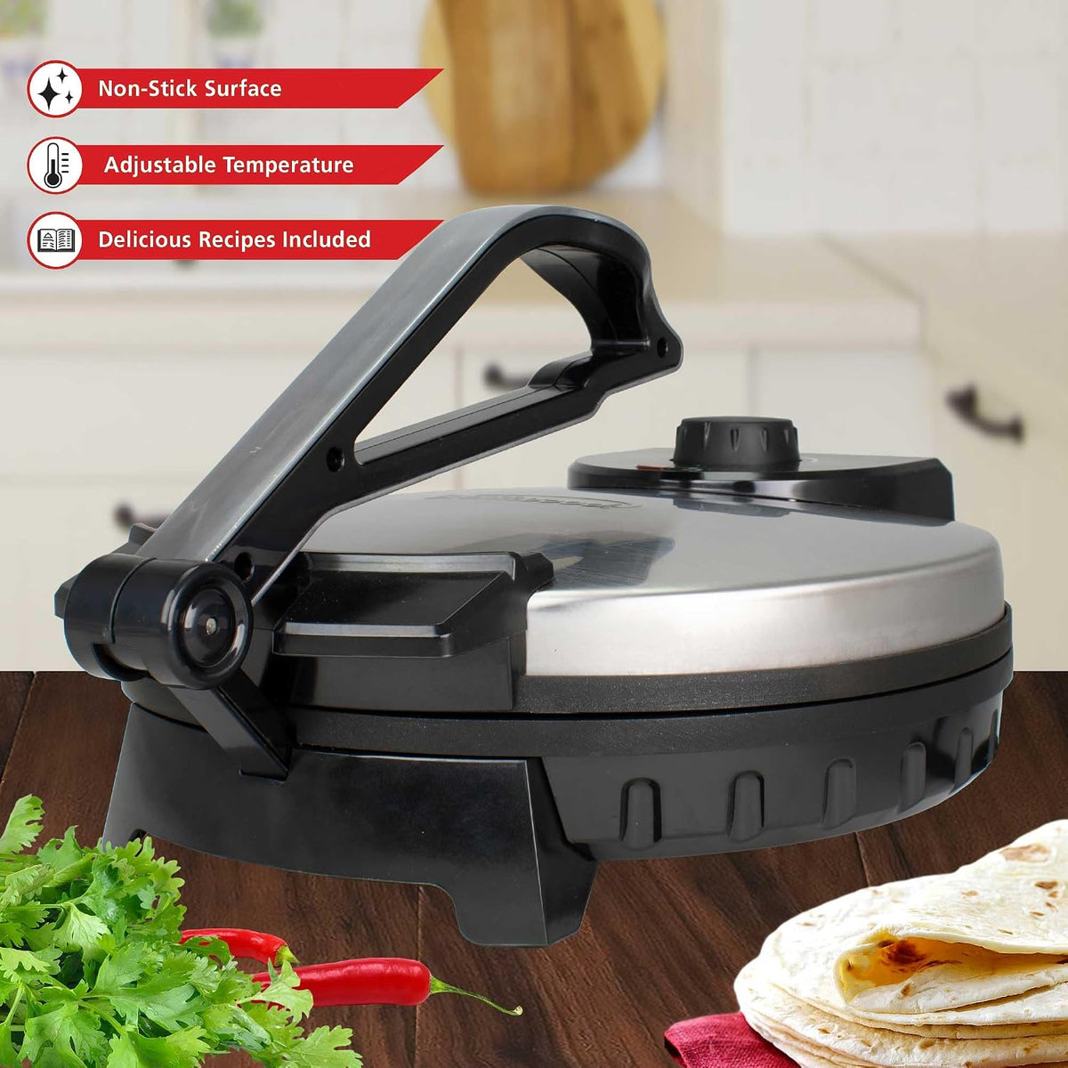 OPEN BOX Brentwood TS-127 Stainless Steel Non-Stick Electric Tortilla Maker, 8 inch, Silver