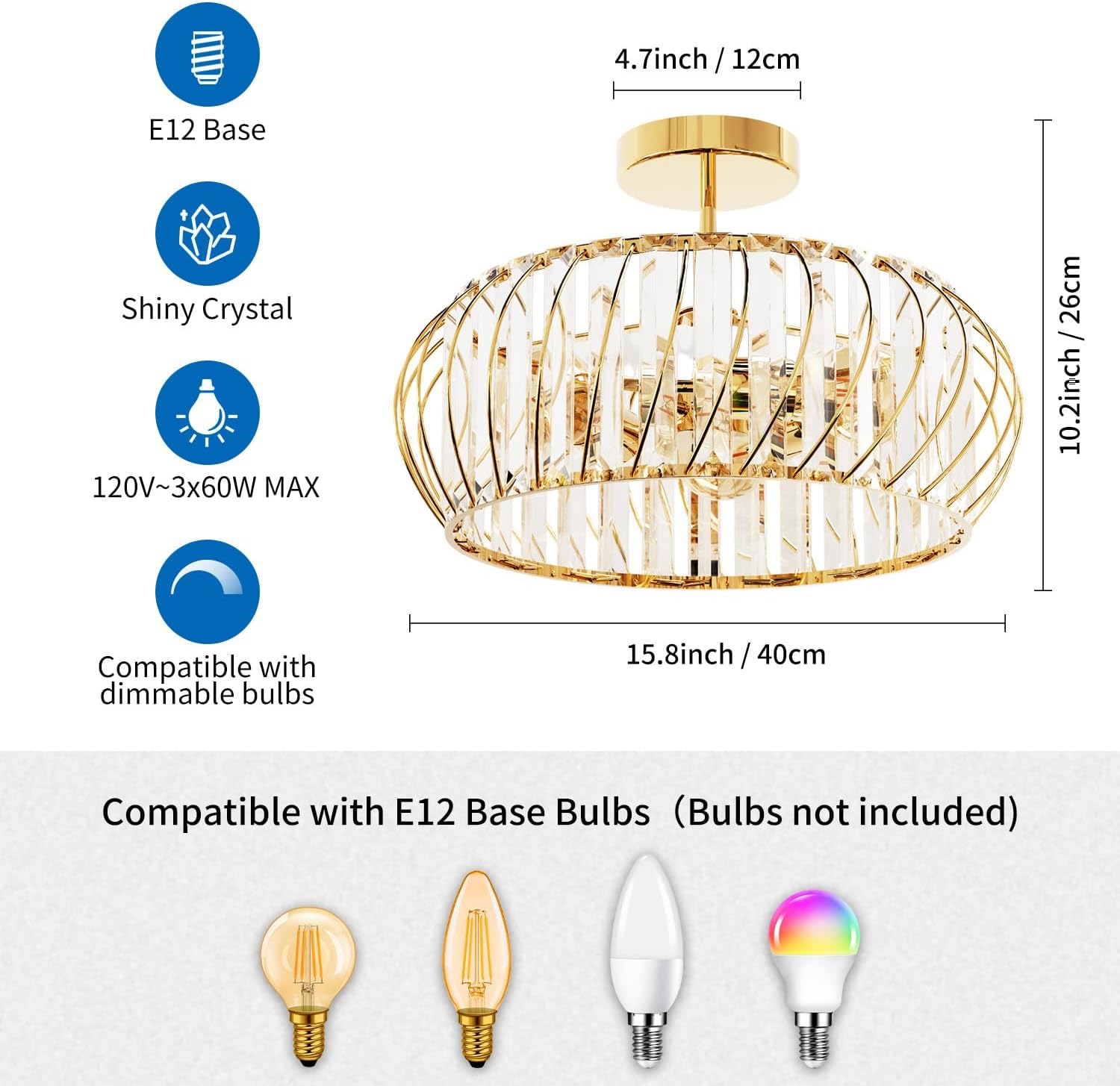 NEW ANWIO 15.8Inch Crystal Chandeliers Ceiling Lights, 3-Light Semi Flush Mount Ceiling