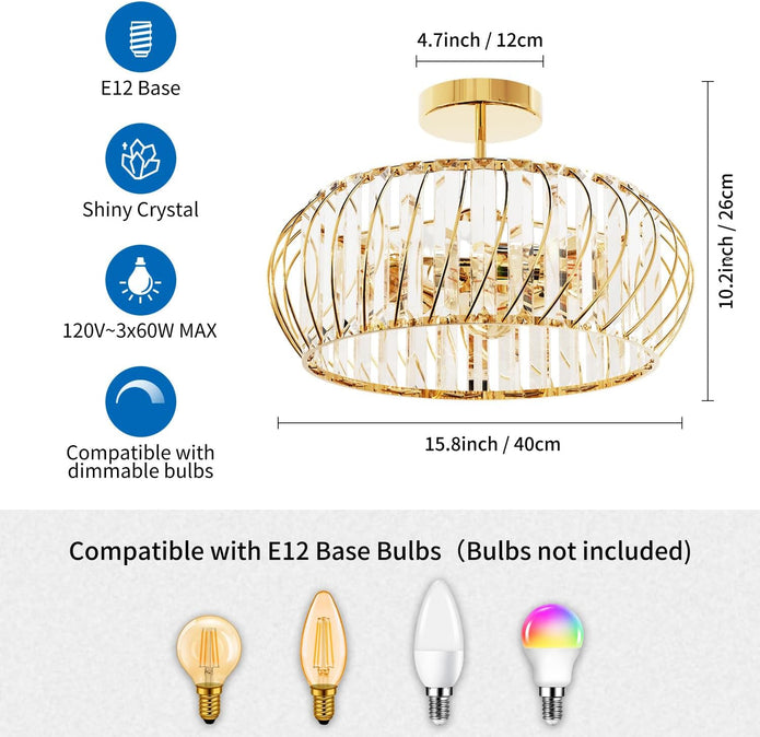NEW ANWIO 15.8Inch Crystal Chandeliers Ceiling Lights, 3-Light Semi Flush Mount Ceiling