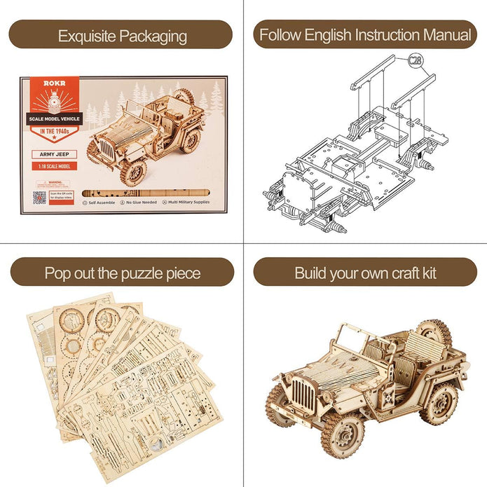 ROKR 3D Wooden Puzzle Scale Model Army Field Car Mechanical Model (MC701)
