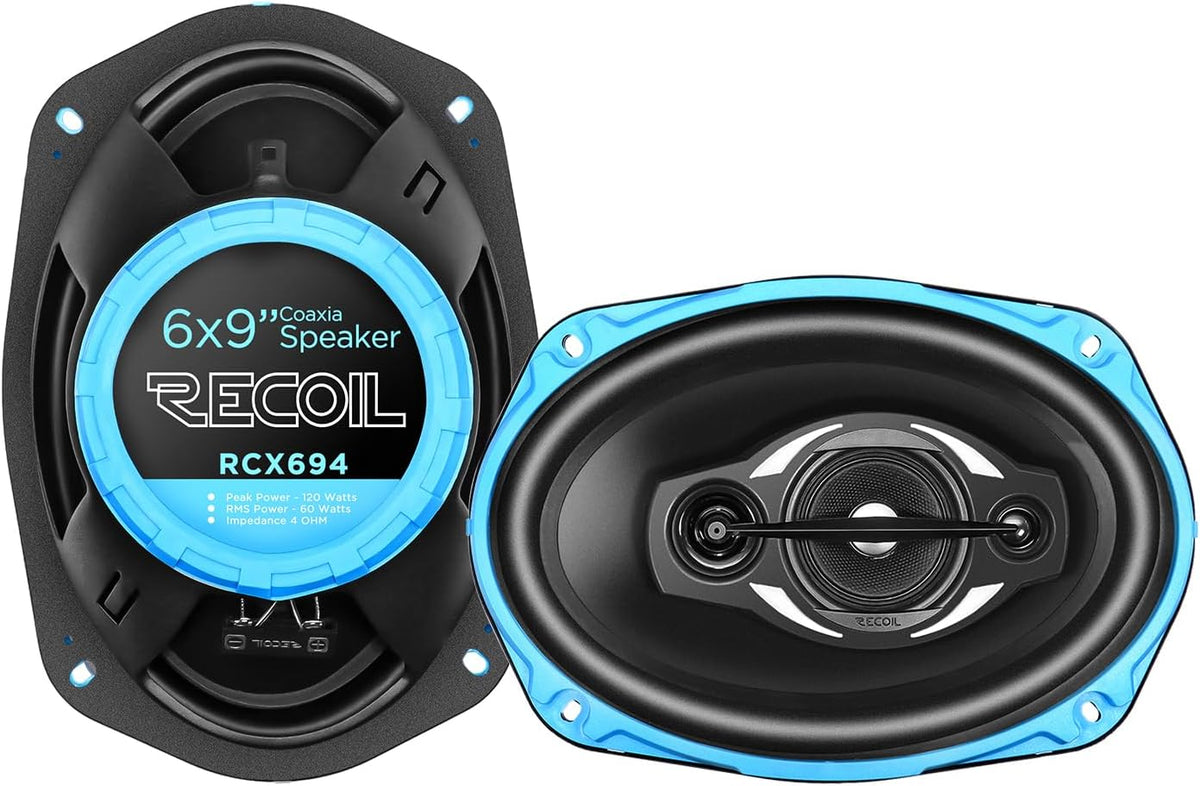 NEW/OPEN BOX Recoil RCX694 Echo Series 6x9 Inch Coaxial Car Speakers 4-Way with Grilles 240W Max, 120W RMS, Polypropylene Cone, Pair