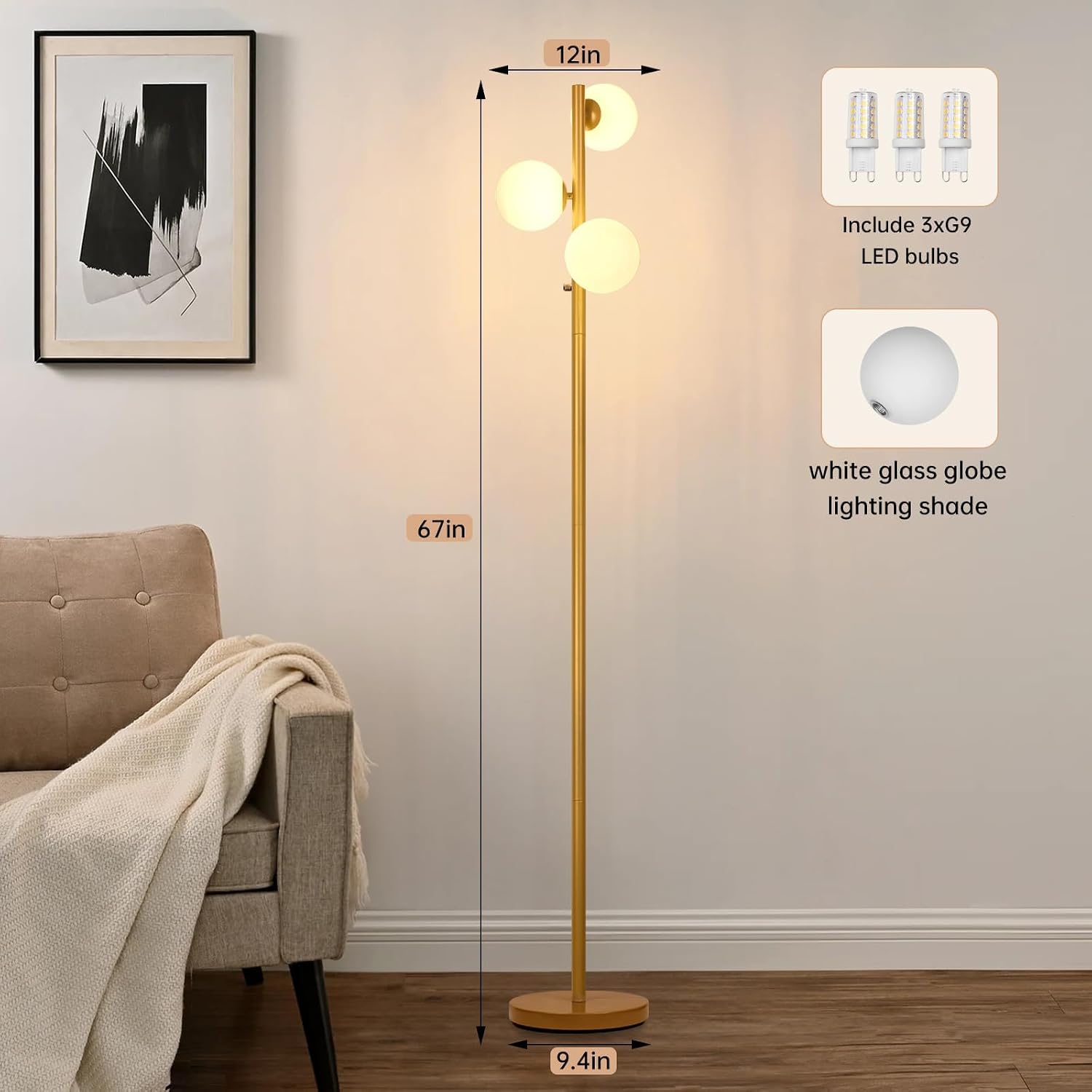 OPEN BOX Dimmable Floor Lamp with Rotary Switch Modern Gold 3-Head Eye-DM2503.3GDP
