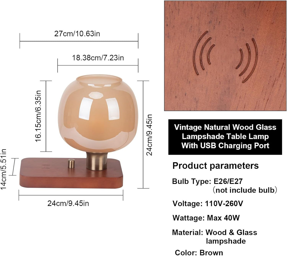Bedside Lamp with Charging Station, Small Night Light with USB Port, Brown Wooden Pallet Glass