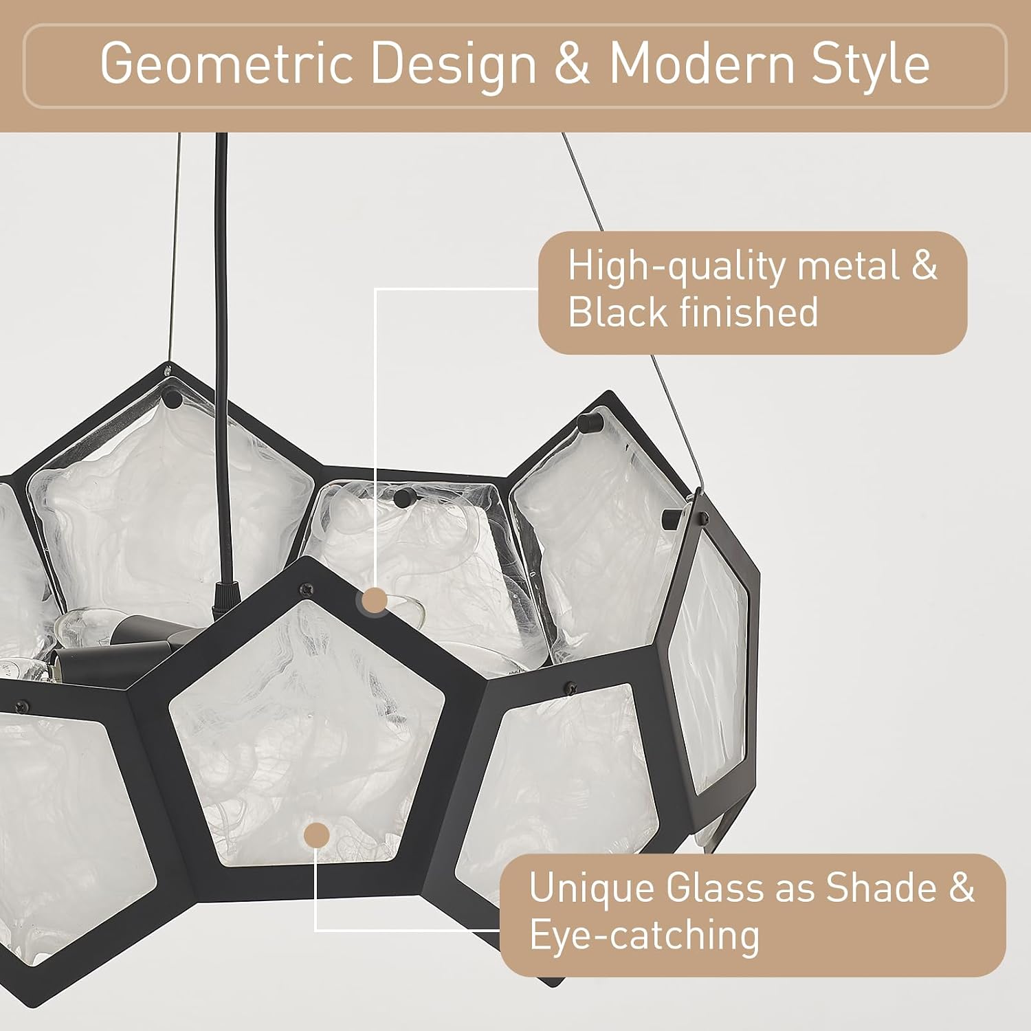 NEW VANZARLA Black Modern Chandelier for Dining Room, 5-Light Glass Chandeliers