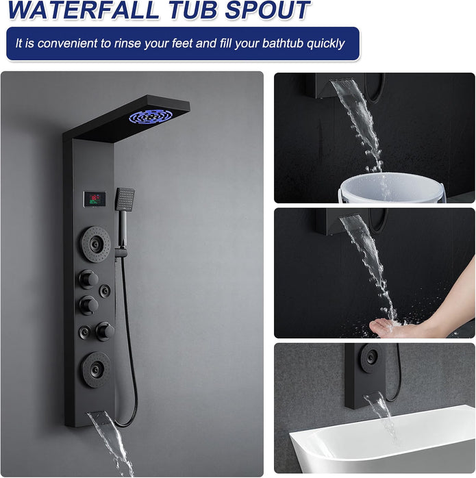DEMO/UNUSED ROVATE 6-in-1 LED Rainfall Mist Shower Panel Tower System, Matte Black-RVT9061-B2