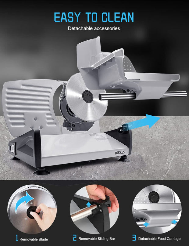 NEW/OPEN BOX TOKASS Meat Slicer Machine for Home, SL4383 with Two 7.5" Blades, Silver