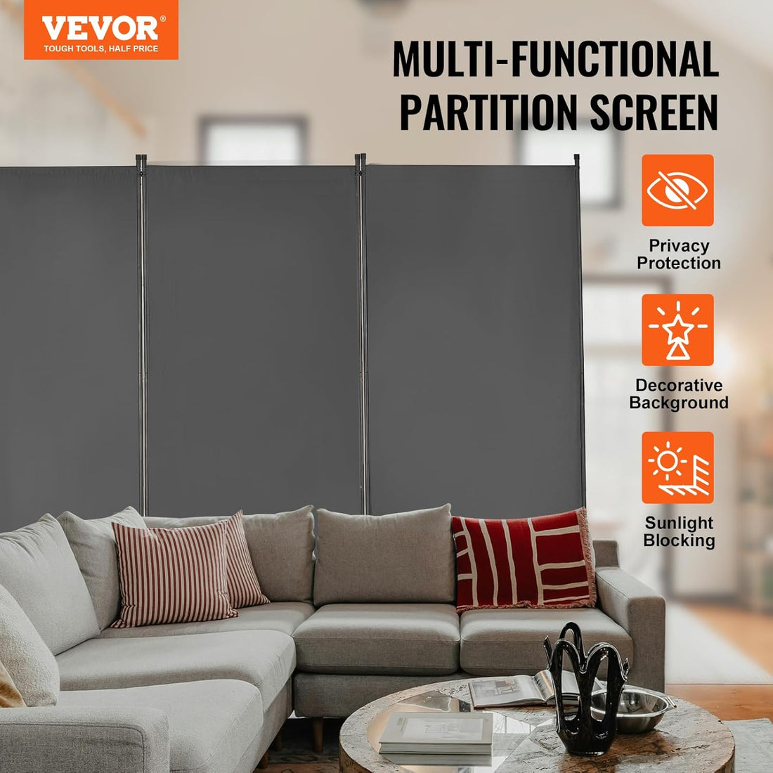 VEVOR Room Divider 3 Panels Fabric Room Privacy Screen for Office Bedroom-GREY