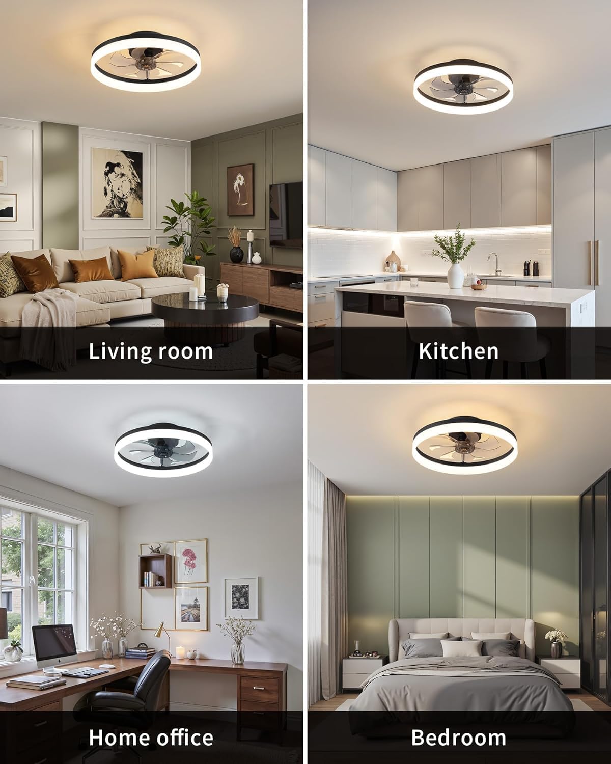 DEMO  PUSU Ceiling Fan with Lights and Remote, 19.7'' Low Profile Ceiling Fans, 6-Speed Reversible Bladeless Fan, 2700K–6500K Dimmable Fan ,BLACK