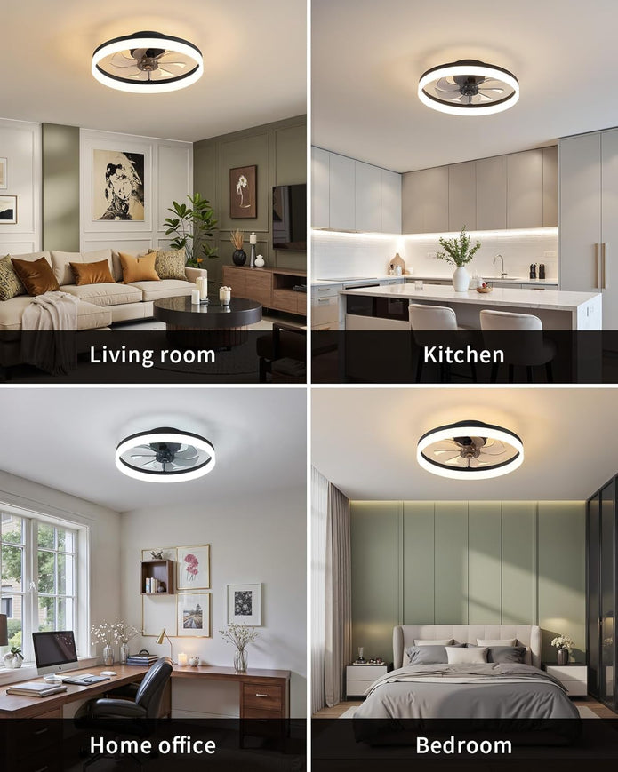 DEMO  PUSU Ceiling Fan with Lights and Remote, 19.7'' Low Profile Ceiling Fans, 6-Speed Reversible Bladeless Fan, 2700K–6500K Dimmable Fan ,BLACK