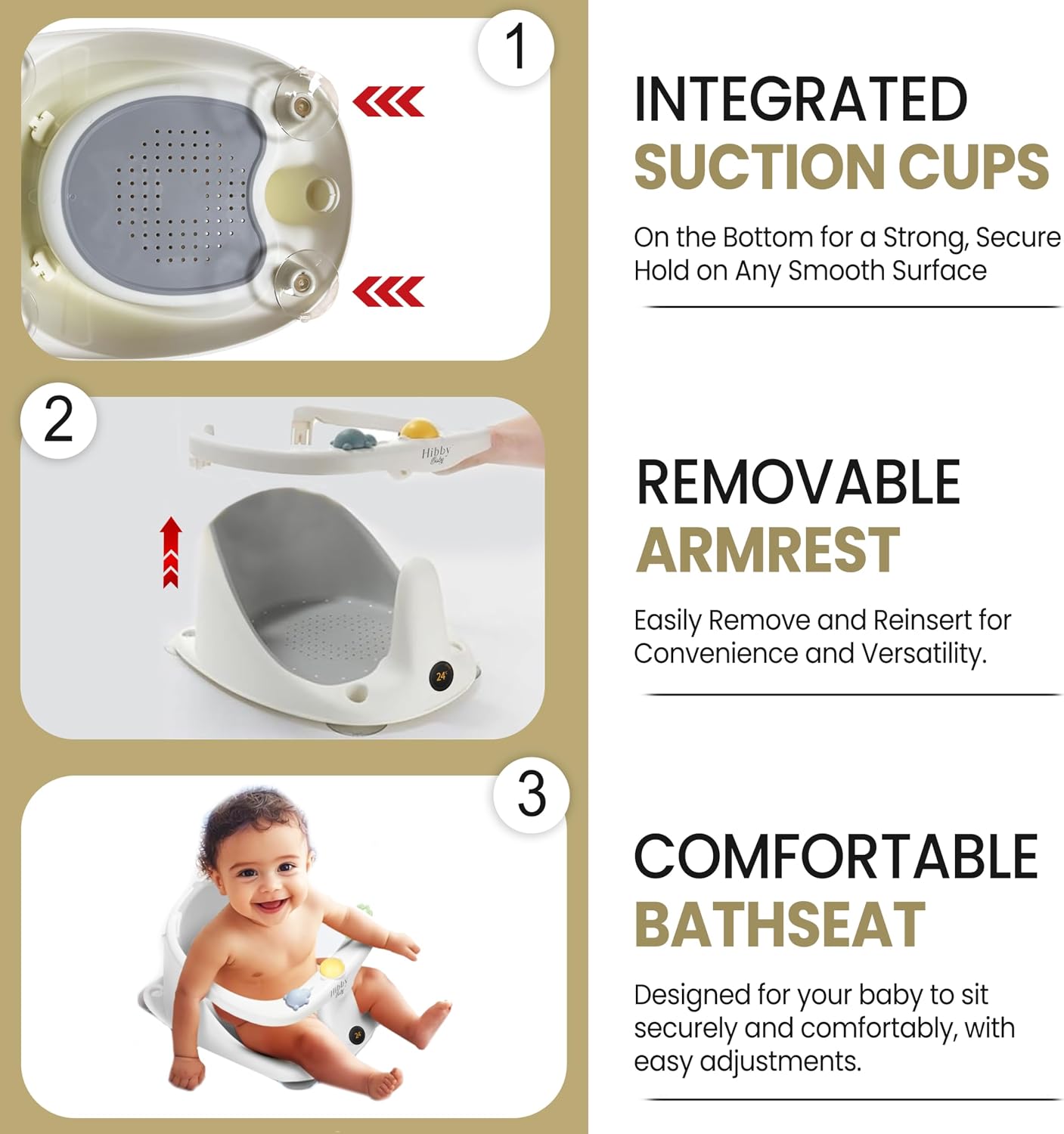 Hibby Baby Bath Seat Integrated Thermometer, Silicone Hair Brush, Rinse Cup, Bath Cap, Toys- Sit-up Safe Bathing- Gray