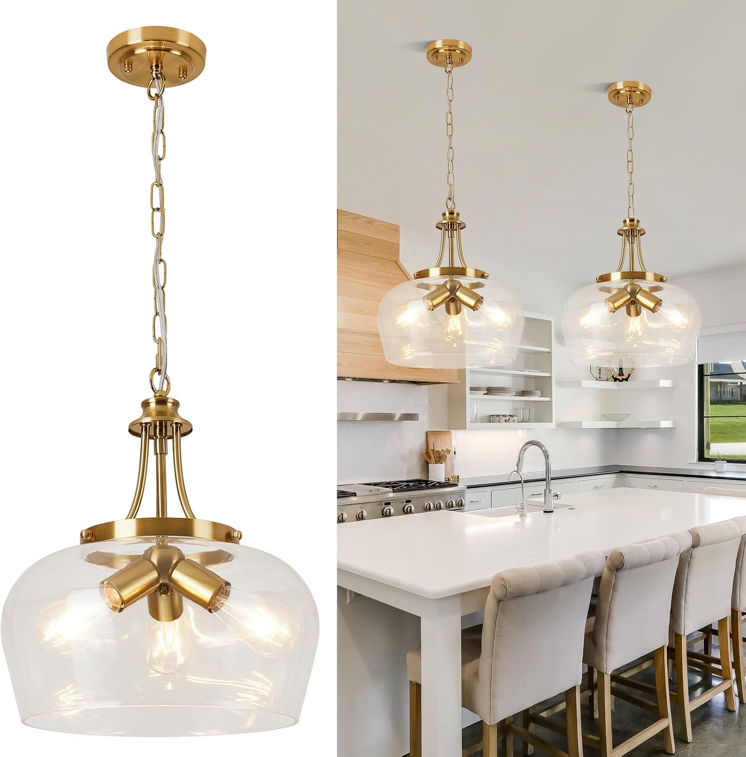 NEW UnicozoHome Modern Pendant Lights Kitchen Island, 3-Light Brushed Gold Pendant with 14.2