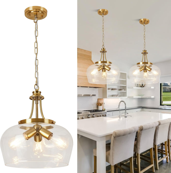 NEW UnicozoHome Modern Pendant Lights Kitchen Island, 3-Light Brushed Gold Pendant with 14.2" Clear Glass Shade