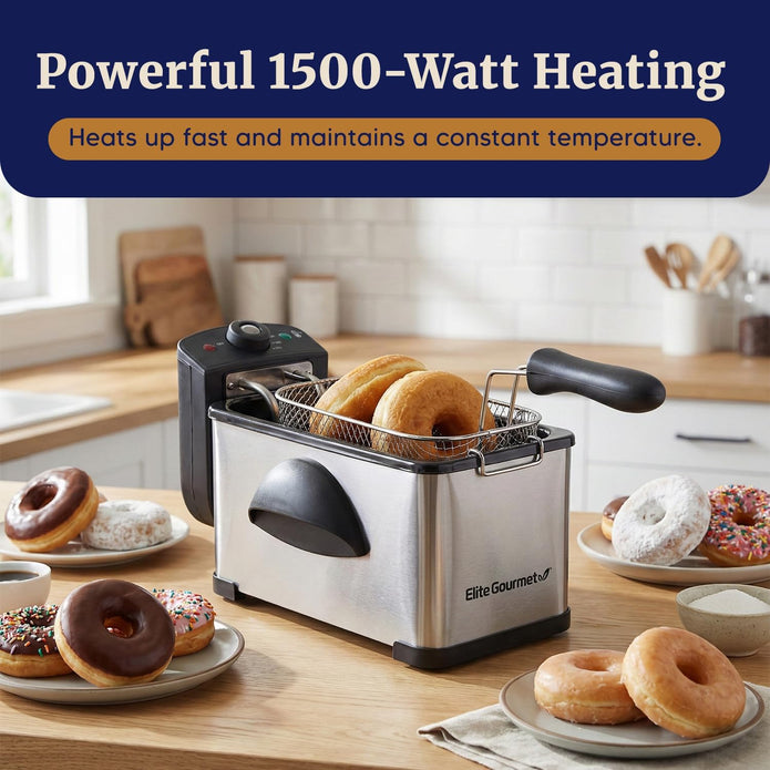 Elite Gourmet 2Qt Electric Immersion Deep Fryer, Removable Basket, Adjustable Temp-EDF2100