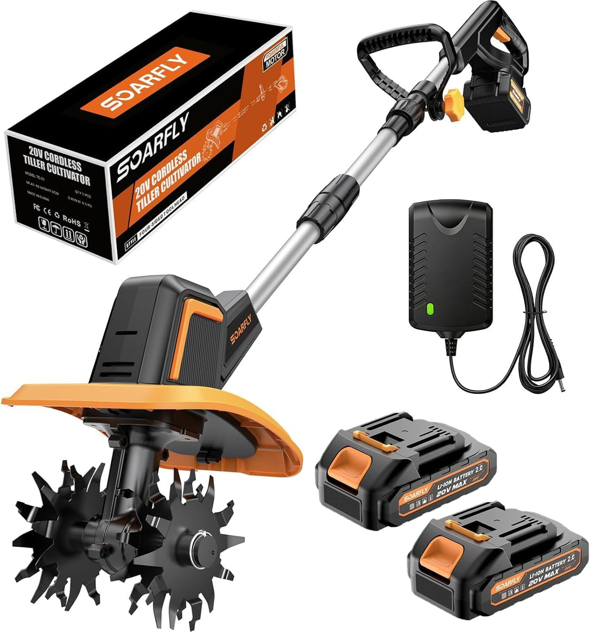 USED SOARFLY Cordless Tiller Cultivator for Gardening, Dual 2.0Ah Batteries -TC-01
