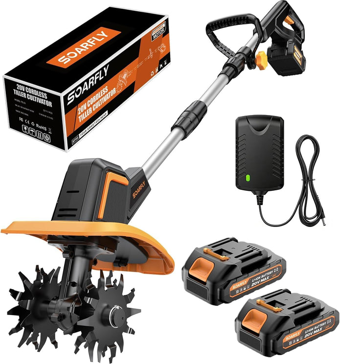USED SOARFLY Cordless Tiller Cultivator for Gardening, Dual 2.0Ah Batteries -TC-01