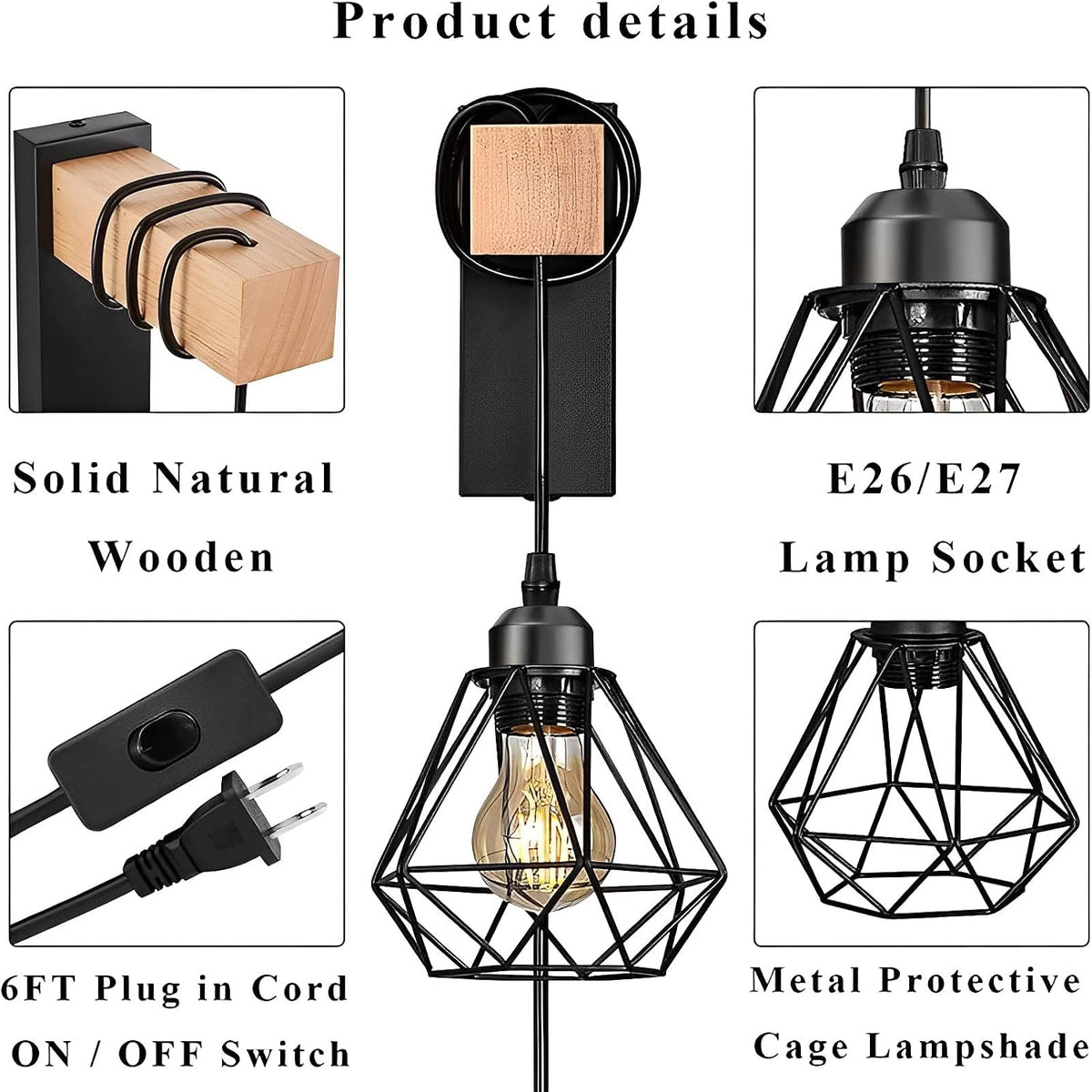Plug in Wire Wood Cage Wall Lamp Industrial Rustic Lift Pipe
