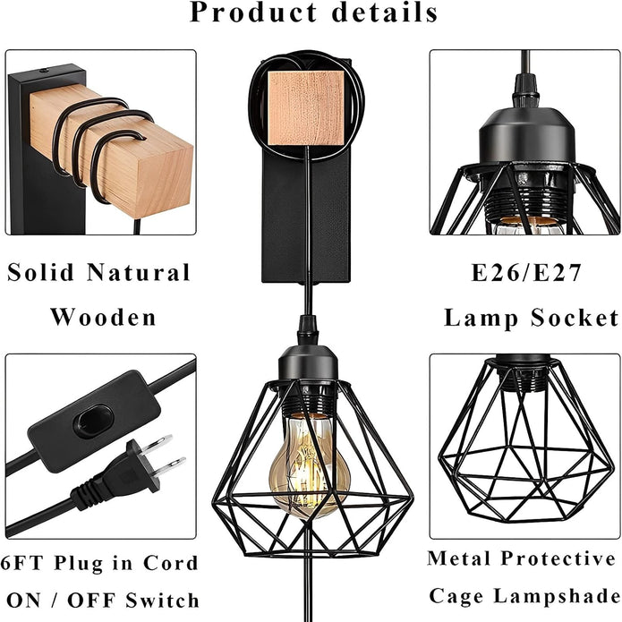 Plug in Wire Wood Cage Wall Lamp Industrial Rustic Lift Pipe
