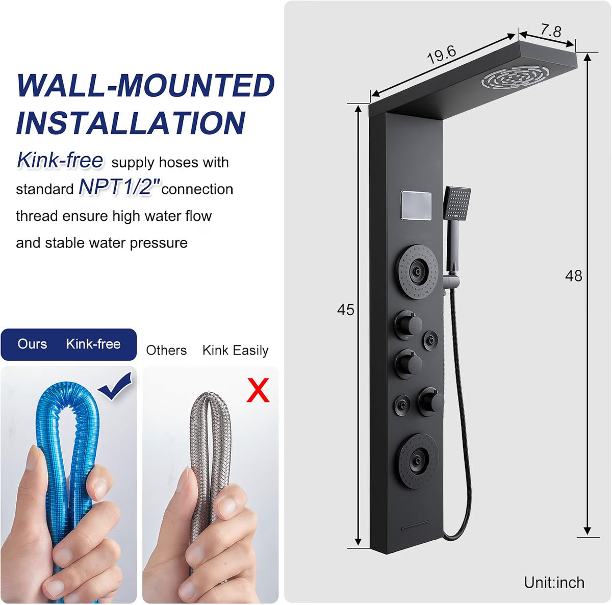 DEMO/UNUSED ROVATE 6-in-1 LED Rainfall Mist Shower Panel Tower System, Matte Black-RVT9061-B2