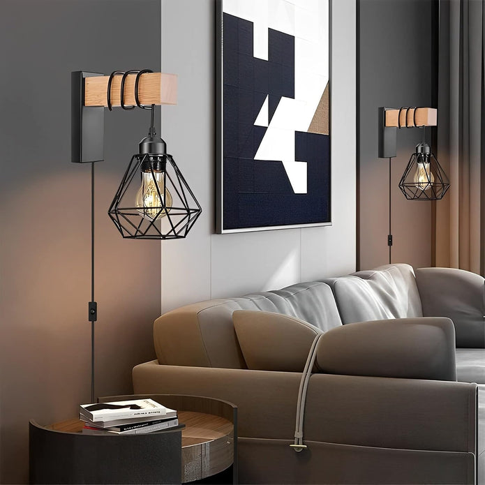 Plug in Wire Wood Cage Wall Lamp Industrial Rustic Lift Pipe