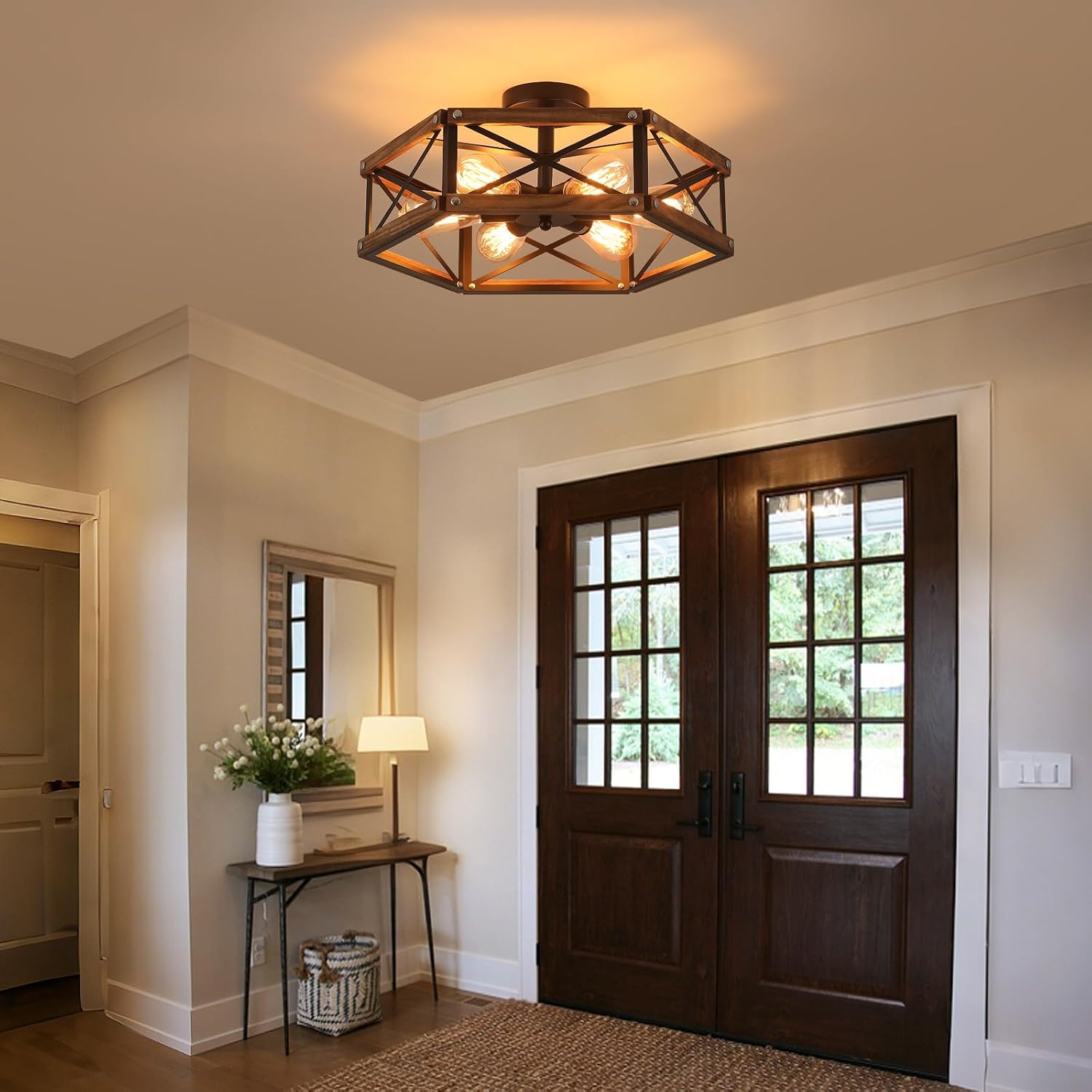 LIKE NEW 6-Light Large 20 inch  Rustic Farmhouse Wood Flush Mount Ceiling Light Fixture 20 inch Oak Wood and Metal Cage