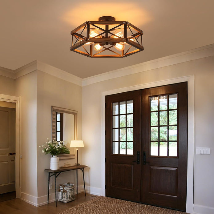 LIKE NEW 6-Light Large 20 inch  Rustic Farmhouse Wood Flush Mount Ceiling Light Fixture 20 inch Oak Wood and Metal Cage