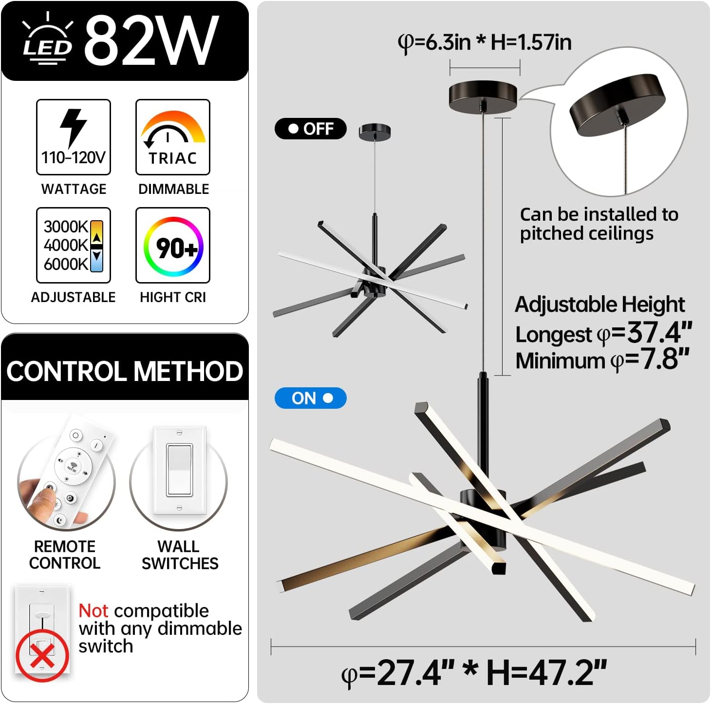 Open box /New Dniwmdd Modern Sputnik Chandelier Ceiling 82W LED Black Pendant Light Black-YM01